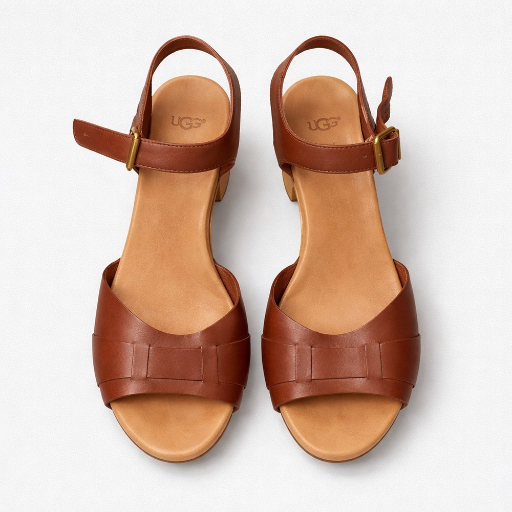 UGG Brown Leather Open-Toe Buckle Slingback Sandals